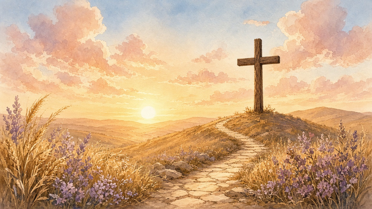 Warm golden sunrise over soft hills with a wooden cross