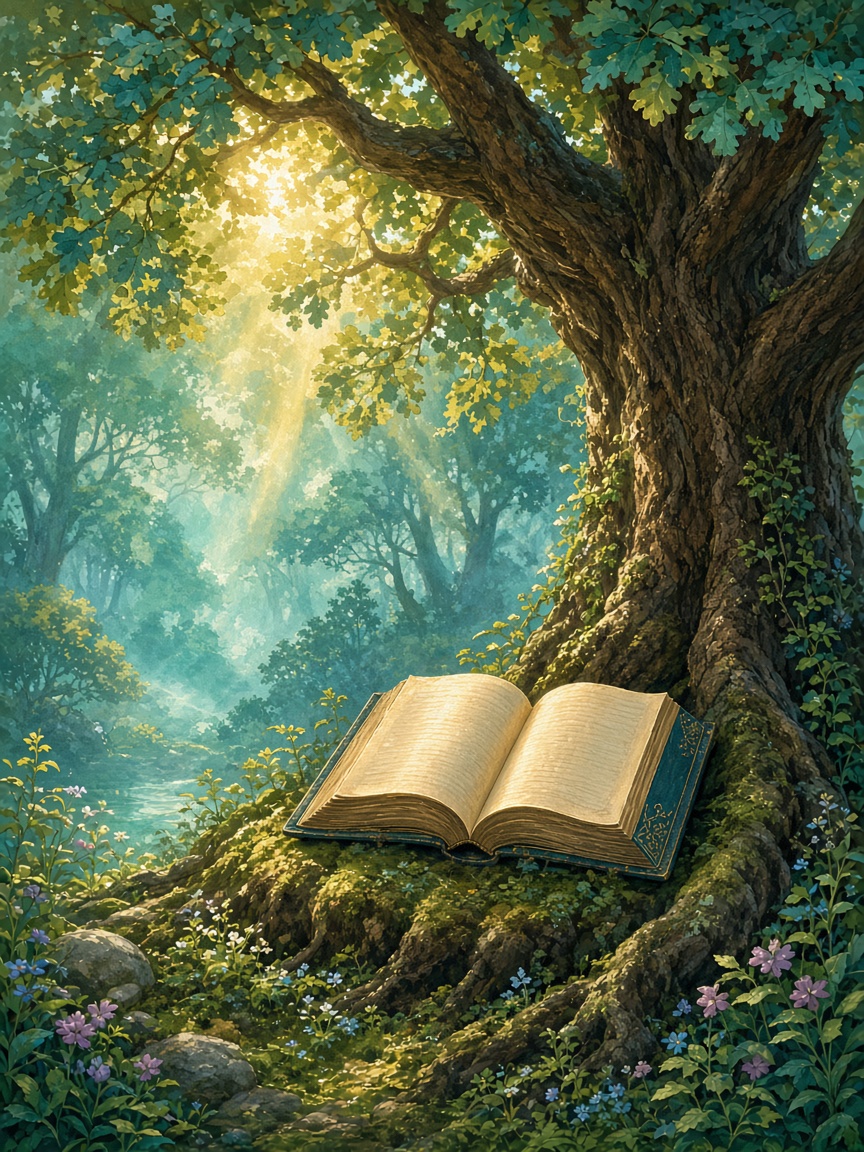 Open books stacked on a wooden table