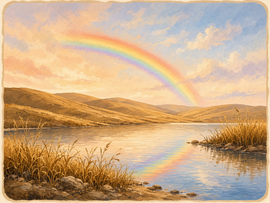 Soft rainbow over warm hills after rain