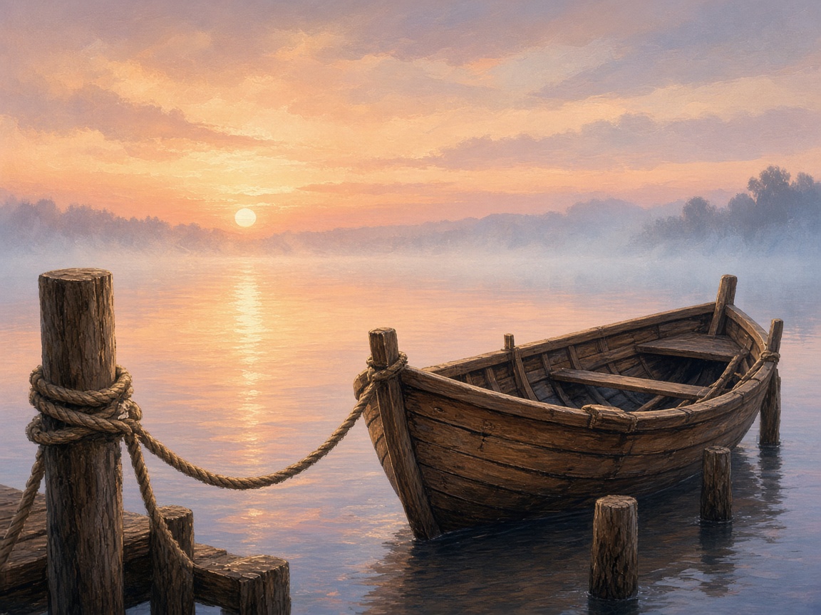 Rope and wooden boat at warm dawn