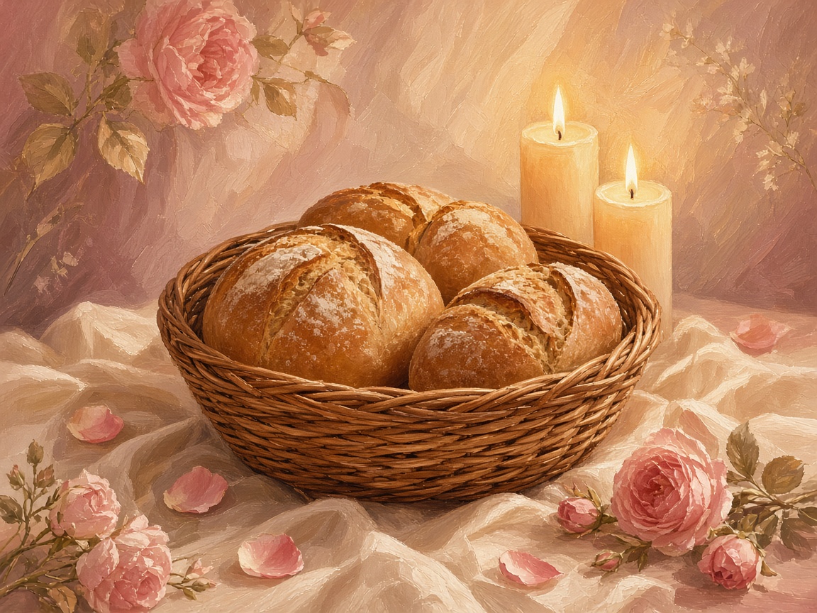 Basket of bread and candles in soft light